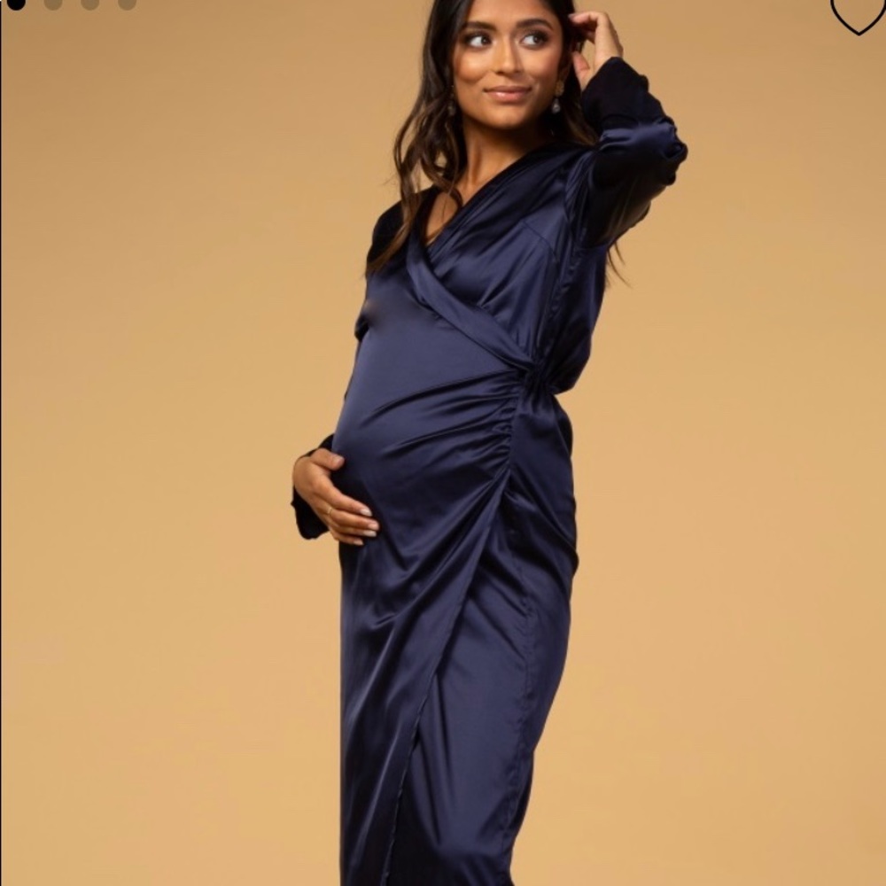 NWOT Navy Blue V-Neck LS Wrap Maternity Maxi Dress
